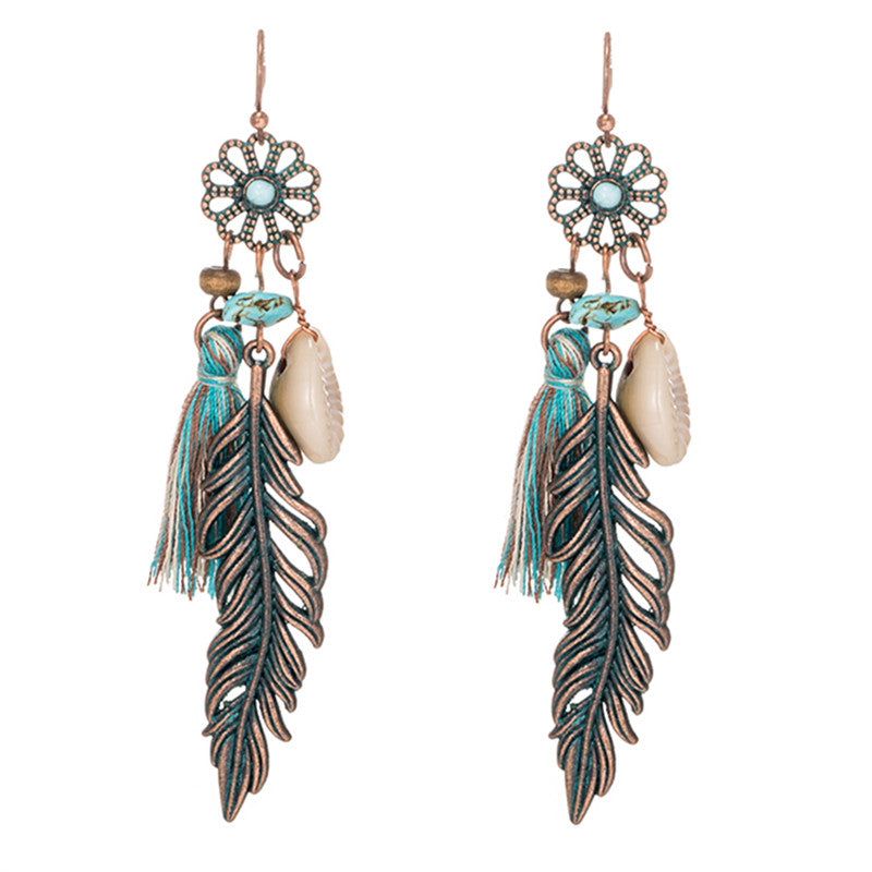 Bohemian Ethnic Tassel Fringe Leaf Stones Earrings - Yamama