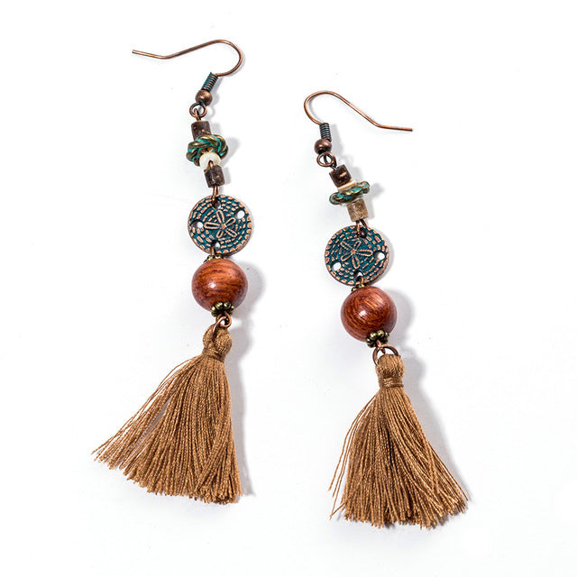 Bohemian Ethnic Tassel Fringe Leaf Stones Earrings - Yamama