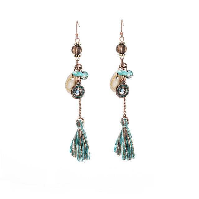 Bohemian Ethnic Tassel Fringe Leaf Stones Earrings - Yamama