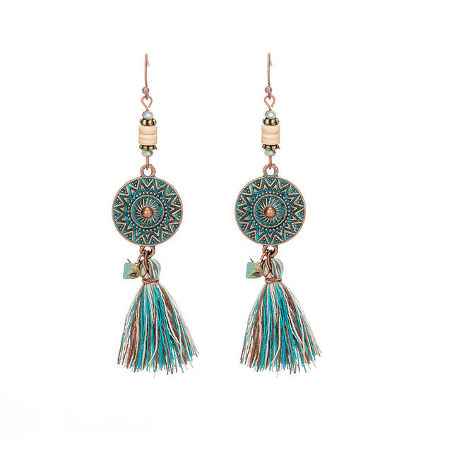 Bohemian Ethnic Tassel Fringe Leaf Stones Earrings - Yamama