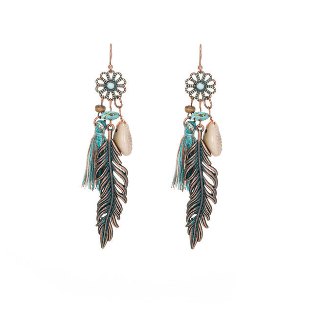 Bohemian Ethnic Tassel Fringe Leaf Stones Earrings - Yamama