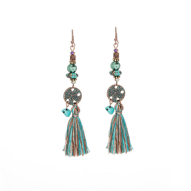 Bohemian Ethnic Tassel Fringe Leaf Stones Earrings - Yamama