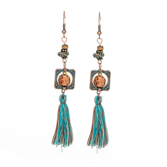 Bohemian Ethnic Tassel Fringe Leaf Stones Earrings - Yamama