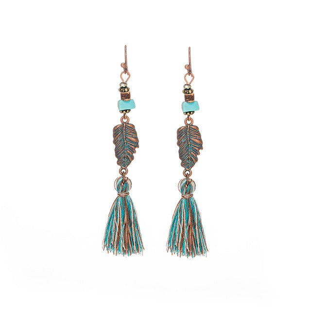 Bohemian Ethnic Tassel Fringe Leaf Stones Earrings - Yamama