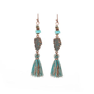 Bohemian Ethnic Tassel Fringe Leaf Stones Earrings - Yamama