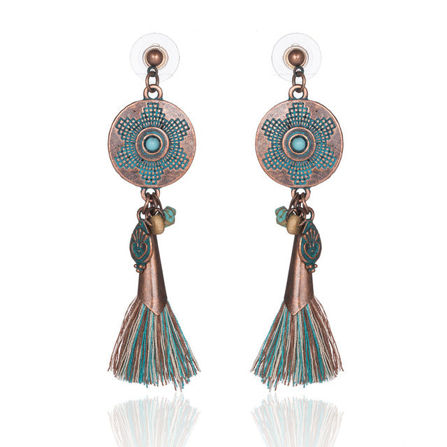 Bohemian Ethnic Tassel Fringe Leaf Stones Earrings - Yamama