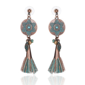 Bohemian Ethnic Tassel Fringe Leaf Stones Earrings - Yamama