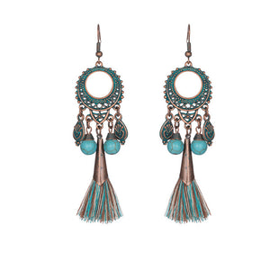 Bohemian Ethnic Tassel Fringe Leaf Stones Earrings - Yamama